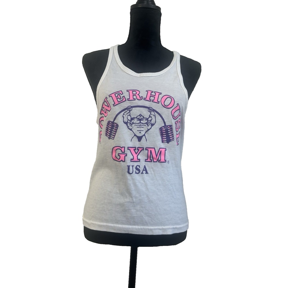Vintage Powerhouse Gym USA Retro Stringer Muscle Tank T White & Pink Size Medium